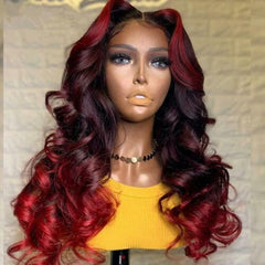 Ombre Red 99j Burgundy 13x1x4 T Part Lace Front Human Hair Wigs Body Wave 20inch