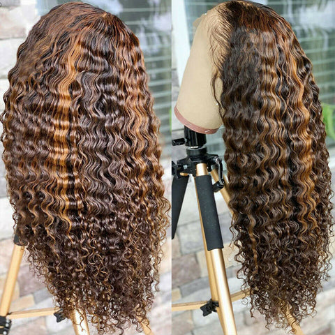 18 Inch 13X4 T Part Lace Front Human Hair Wig Water Deep Wave Ombre Brown Wigs Highlight
