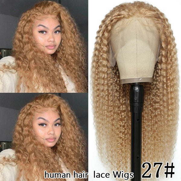 Kinky Curly Dark Blond Brazilian Hair T part Lace Front Wigs Human Hair Wigs 20"