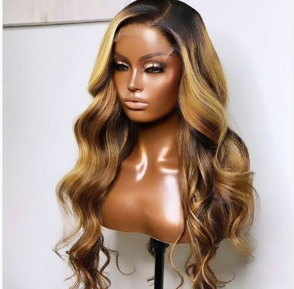 4X4 Lace front Remy Human Hair Wigs Black root Brown Blond Long Wave Pre Plucked
