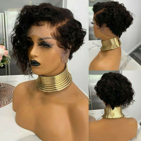 Brazilian Short Wave Lace Front 100% Human Hair Wig Pre Pluck Glueless Black Wig