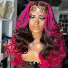 100% Remy Human Hair Wig Finger Pink Black 4*4 Lace Front Wig Pre Pluck Long Wig