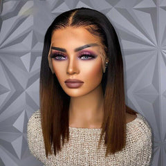 Shrot Straight Black root Brown 13X4 T Part Lace Front Remy 100% Human Hair Wigs