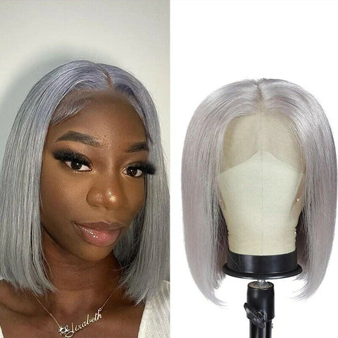 Short Bob Straight Grey Wig Lace Front Real Remy Human Hair Wig Pre Plucked Wigs