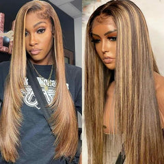 Long Straight 4X4 Lace front Human Hair Wigs Ombre Honey Blonde Highlight Wig