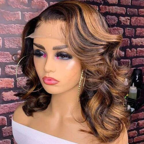 Women 4X4 Lace Front Human Hair Wig Short Wavy Black Brown Bob Wig Pre Plucked