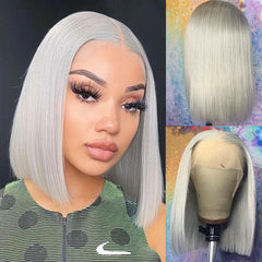 Short Grey Bob 13X4 T Lace Front 100% Remy Human Hair Wig Straight Highlight Wig