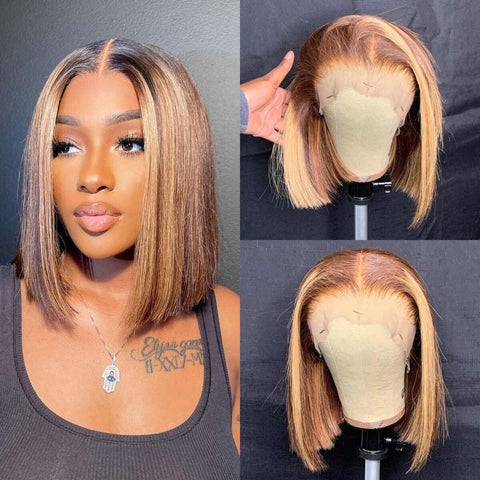 Short Straight 4X4 Lace Front Human Hair Wigs Brown Omber Blonde Highlight Wig