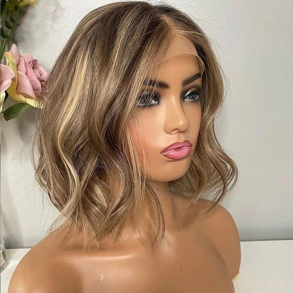 Short Wavy Ombre Blonde Human Hair Lace Front Wigs 13x4x1 T part Pre Plucked