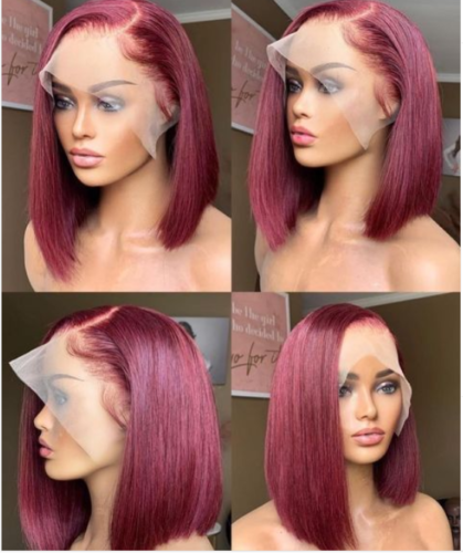Short Bob Straight 4X4 Lace Front Human Hair Wigs Burgundy Wigs Natural Looking