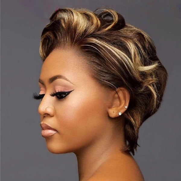 Short Pixie Cut Bob Wig Wave Highlight 4/27 Hair Wig 13x1 Lace Human Hair Wigs