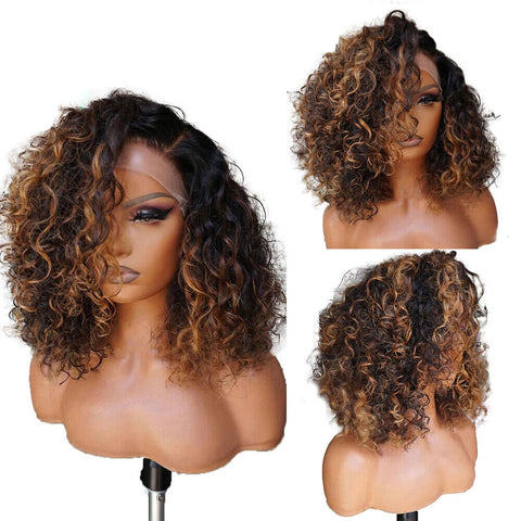 Short 4X4 Lace Front Human Hair Wigs Deep Wave Black Brown Ombre Wig Pre plucked
