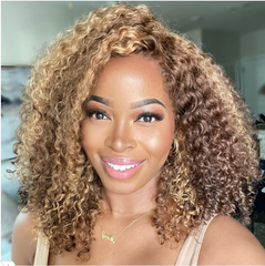Short Bob 4X4 Lace Front Human Hair Wigs Ombre Brown Kinky Curly Wig Highlight