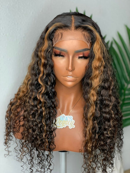 Long Lace Front Human Hair Wigs Afro kinky Curly Black Mix Brown Highlight Wig