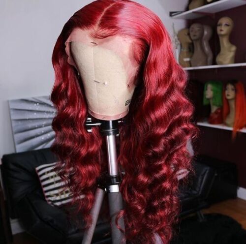 22 Inch T Part Lace Front Human hair Wig Curly Wavy Burgundy Wigs Natural Looking