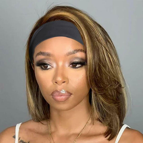 Blonde Short Straight Bob Headband Wig Heat Safe Human Hair No Lace Glueless Wig