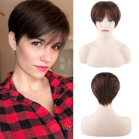 Short Pixie Cut Human Hair Wigs Dark Brown Straight Wig Non Lace Natural Looking