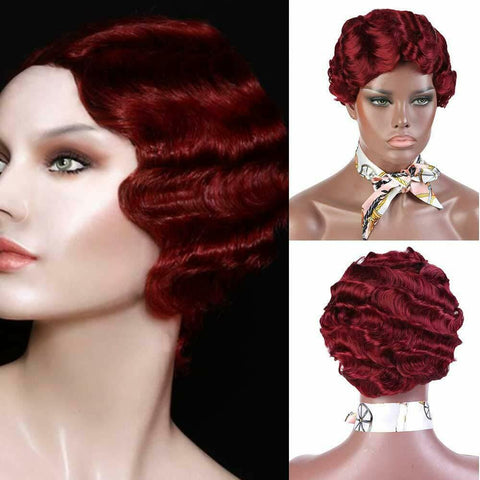 Retro Pixie Cut Finger Wave Wig Human Hair Wig Wine Red for Elegant Women Party