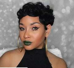 Real Peruvian Human Hair Pre-Plucked Short Pixie Cut Afro Wavy Curly Wig No-Lace