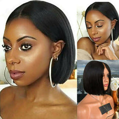 Womens Short Bob Black Brazilian Remy Human Hair 13x1 T Part Lace Front Wigs 10"