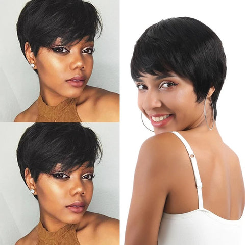 Short Pixie Cut Straight Wigs Black Human Hair Wig With Bangs None Lace Daily