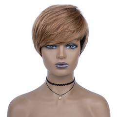 Women Pixie Cut Short Wave omber brown Human Hair Lace Wig Machine Made Cap Natural Hairline