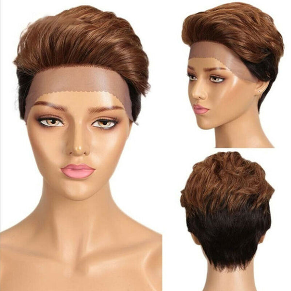 Women Pixie Cut Short Wave Human Hair Lace Wig Machine Made Cap Natural Hairline