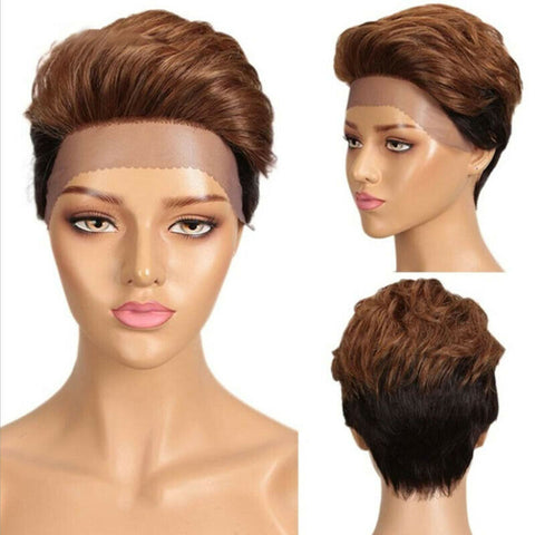 Women Pixie Cut Short Wave Human Hair Lace Wig Machine Made Cap Natural Hairline