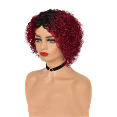 Short Pixie Cut Curly Wigs Ombre Burgundy Dark Root Human Hair No Lace Wig Daily