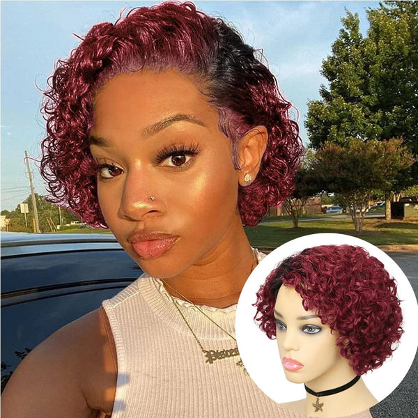 Short Pixie Cut Curly Wigs Ombre Burgundy Dark Root Human Hair No Lace Wig Daily