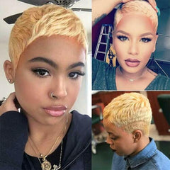 Women Short Pixie Wigs Blonde Remy Human Hair Wigs Pixie Cut Wig None Lace