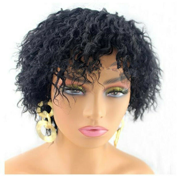 Short Wavy Loose Wave Human Hair Wig Non Lace Pixie Cut Curly Wig with Bangs