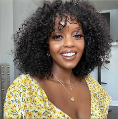 Short Bob Remy Human Hair Wigs Black Curly Wig with Bangs None Lace Natural Soft