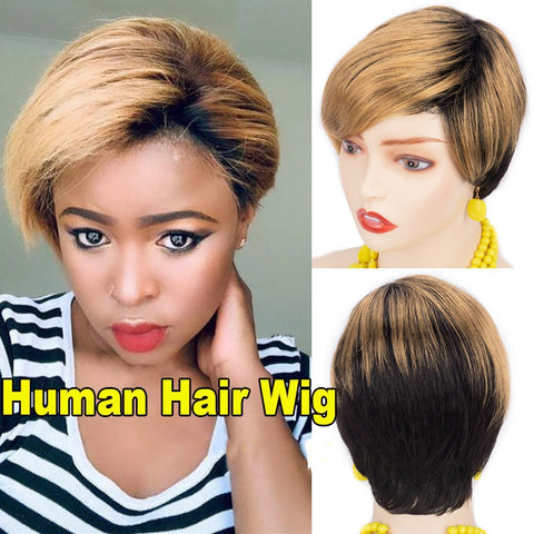 Short Pixie Cut Wigs Mix Blonde Black Straight Side Part Human Hair No Lace Wig