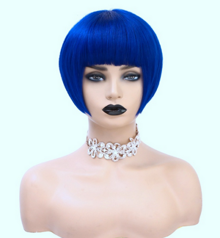 Human Hair Wigs Pixie Cut Blue Bob Straight None Lace Machine Wigs With bangs