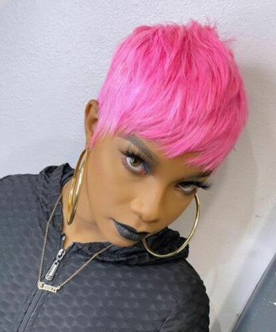 Fashion Short Pixie Cut Wigs Hot Pink Short Human Hair Wigs Party Wigs None Lace
