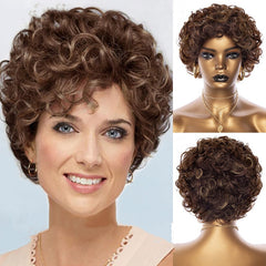 Short Bob Kinky Curly Wigs Ombre Brown Human Hair Wig Non Lace Full Machine Made