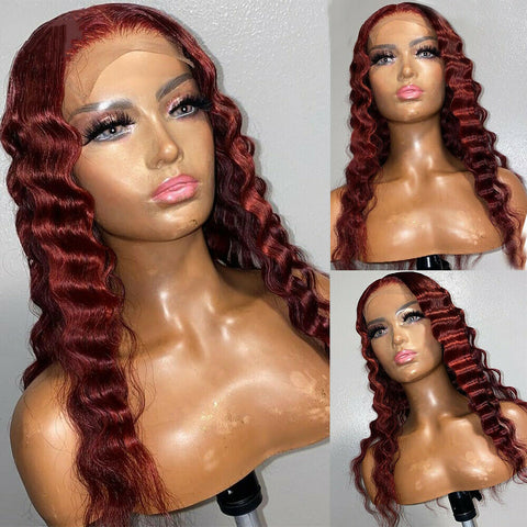 Long 13x4 T Part Lace Front Human Hair Wig Burgundy 99j Deep Wavy Curly Wigs