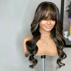 Long Black Mixed Blonde Body Wave Wig with Bangs Brazilian Human Hair Wavy Wigs