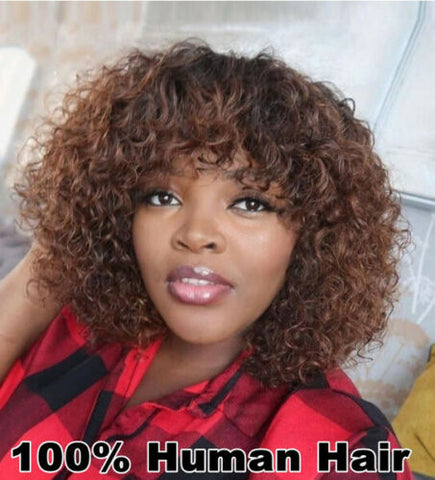 Dark Brown Kinky Curly Wigs for Women Human Hair Wigs with Air Bang Full Machine