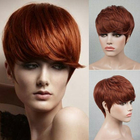 Short Pixie Cut Human Hair Wig Straight Copper Red Machine Made Wigs None Lace
