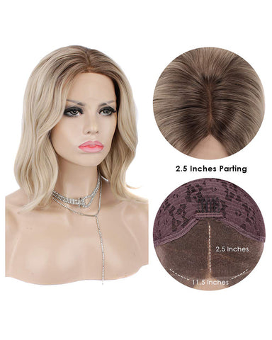 Synthetic Wigs for Women Blonde Wave Wigs with Dark Roots Heat Resistant Hair Ash Ombre Blonde Lace Front Wigs 12inch