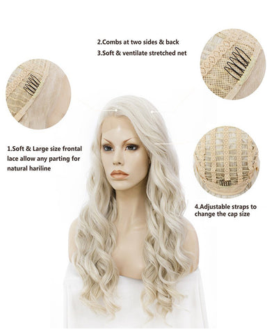Synthetic Wig Long Curly Wave Costume Wigs Heat Resistant Hair Wig Ash Blonde Lace Front Wig 24 inches