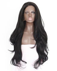 Long Wave Synthetic Wigs for Black Women with Free Wig Cap Natural Black Lace Front Wig 24inch