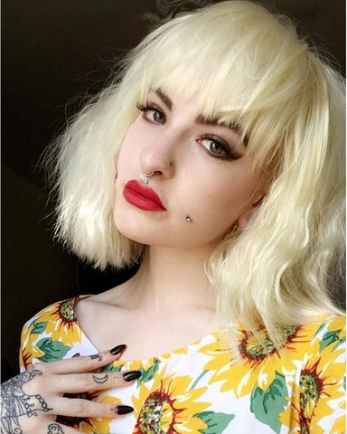 Synthetic Short Fluffy Bob Kinky Straight Hair Wigs with Bangs Heat Resistant Hair