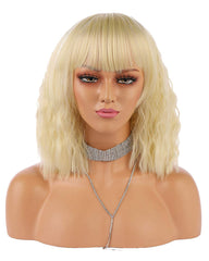 Synthetic Short Fluffy Bob Kinky Straight Hair Wigs with Bangs Heat Resistant Hair
