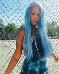 Blue Lace Front Wigs for Women Glueless Long Straight Synthetic Wig with Baby Hair Middle Parting Heat Resistant 24 inches