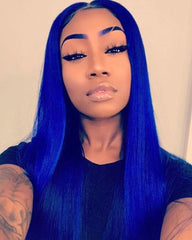 Remy Human Hair Straight 13x4 Lace Frontal Wig 10-24inch Blue Color