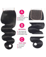 Remy Brazilian Human Hair Bundles Weaves with 4x4 Lace Closure Body Wave Natural Color