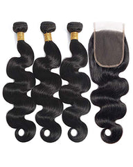 Remy Brazilian Human Hair Bundles Weaves with 4x4 Lace Closure Body Wave Natural Color